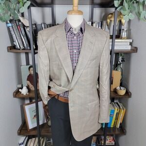 Jos A Bank Men's Sport Coat Blazer Two Button Beige Plaid Silk Wool Blend Sz 44L